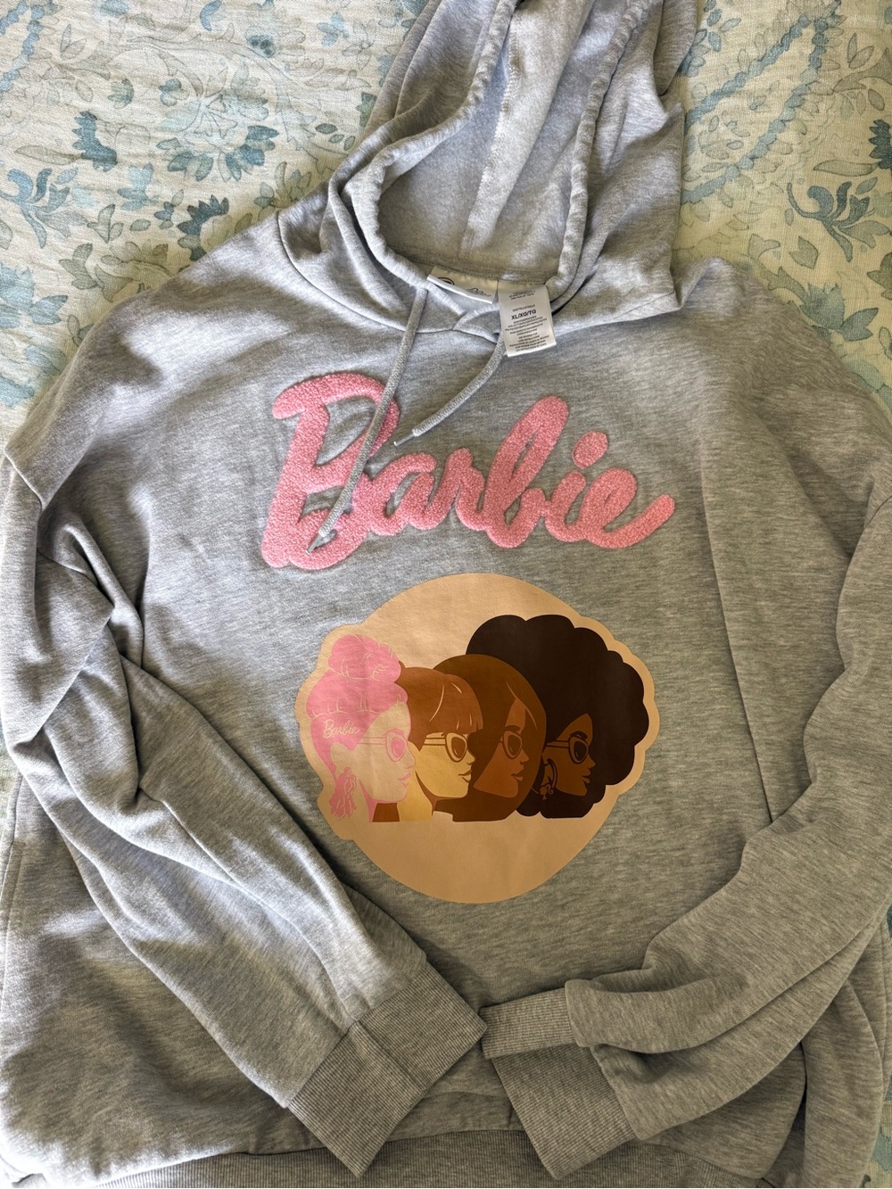Barbie Women's Gray Hoodie with Pink Logo and Multicolor Graphic size XL